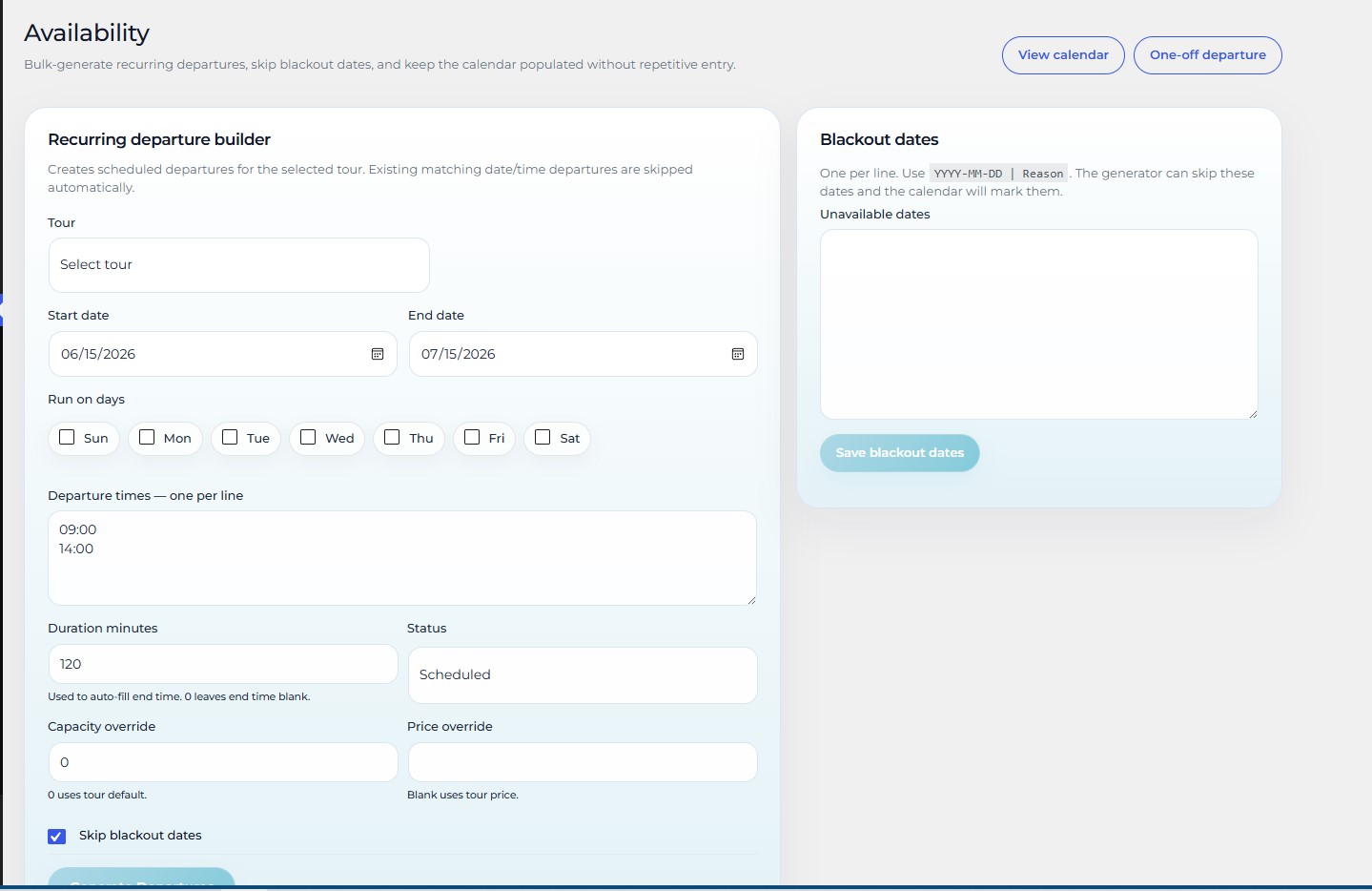 TourOps Global availability generator with blackout dates and recurring departure creation