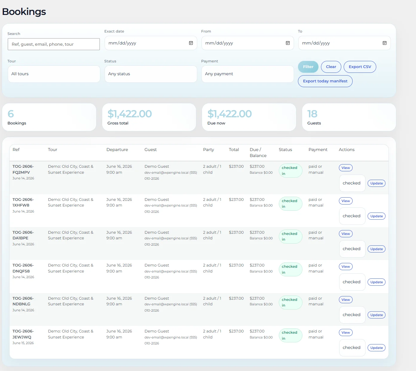 TourOps Global bookings dashboard for viewing tour reservations and guest records