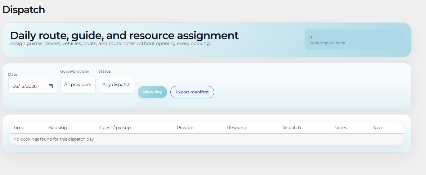 TourOps Global dispatch board for assigning guides resources and notes