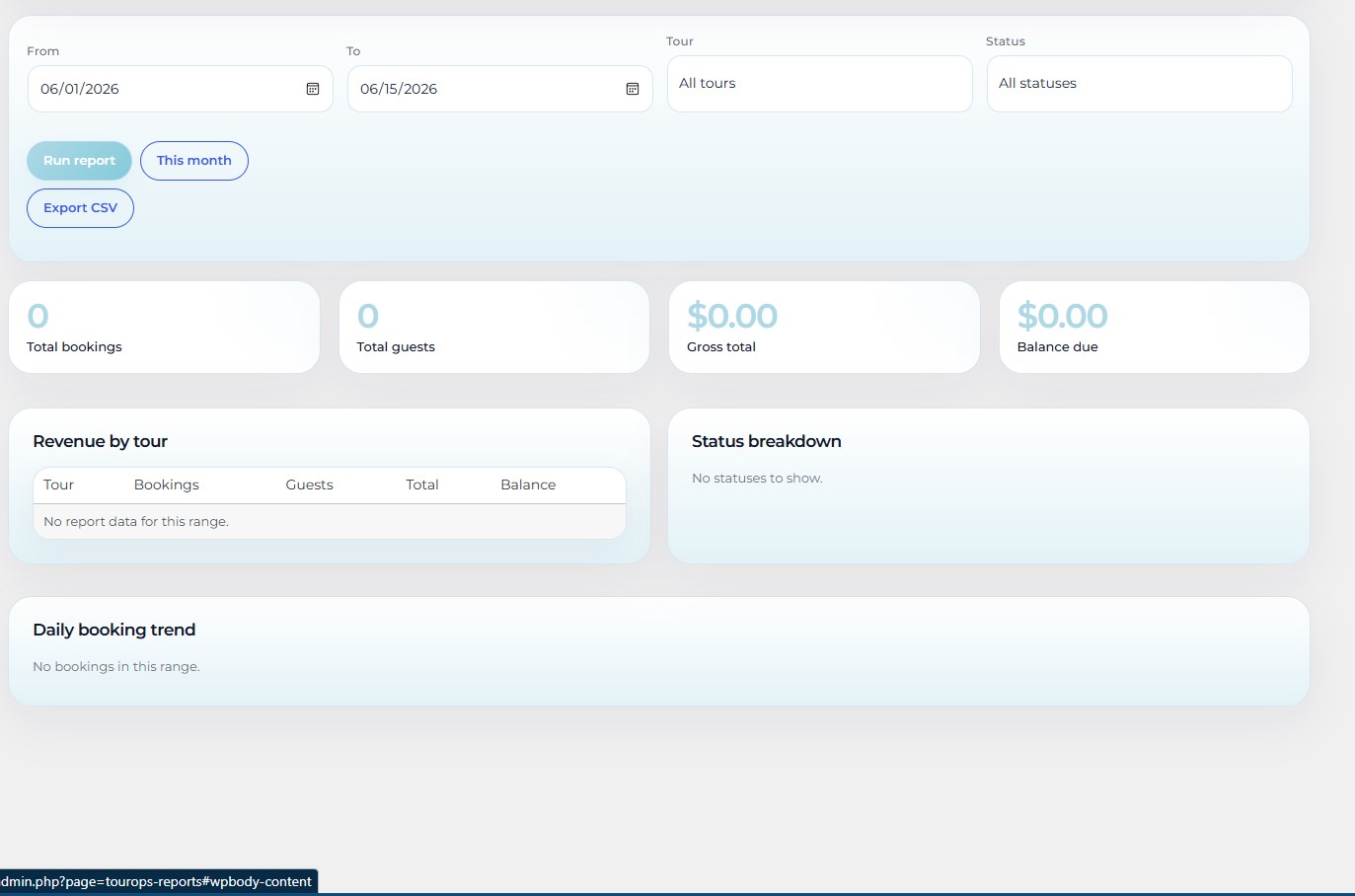 TourOps Global reports page showing booking performance revenue and capacity