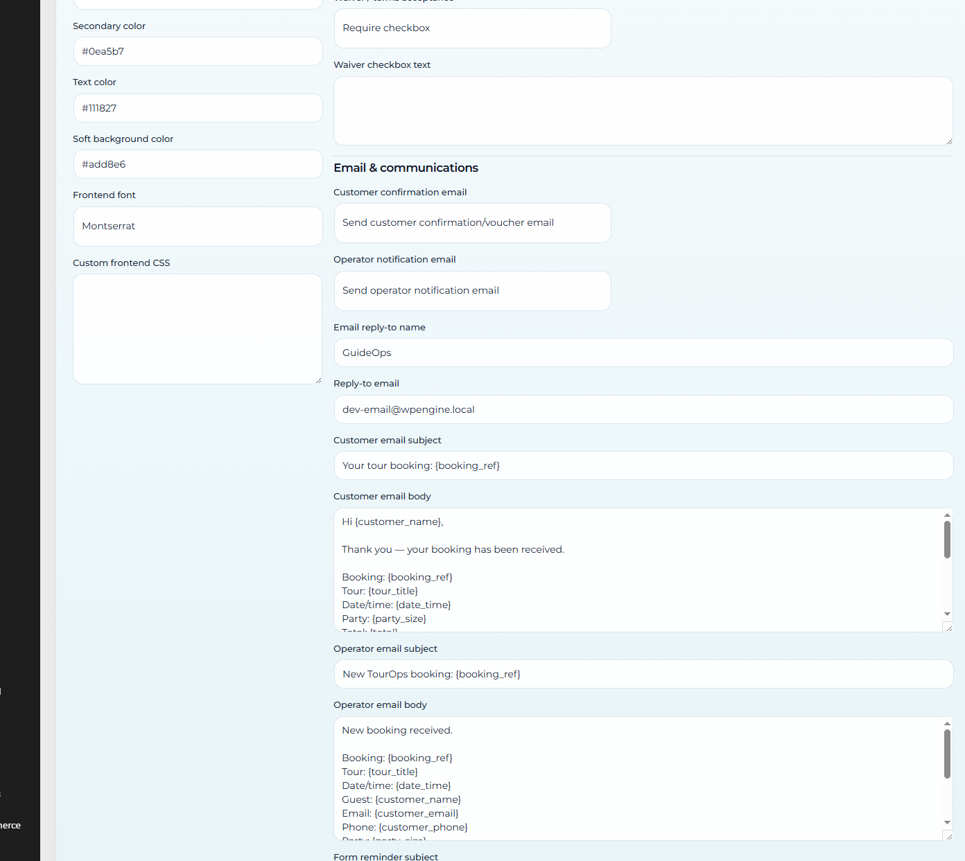 TourOps Global settings page for branding payment booking requirements and white label controls