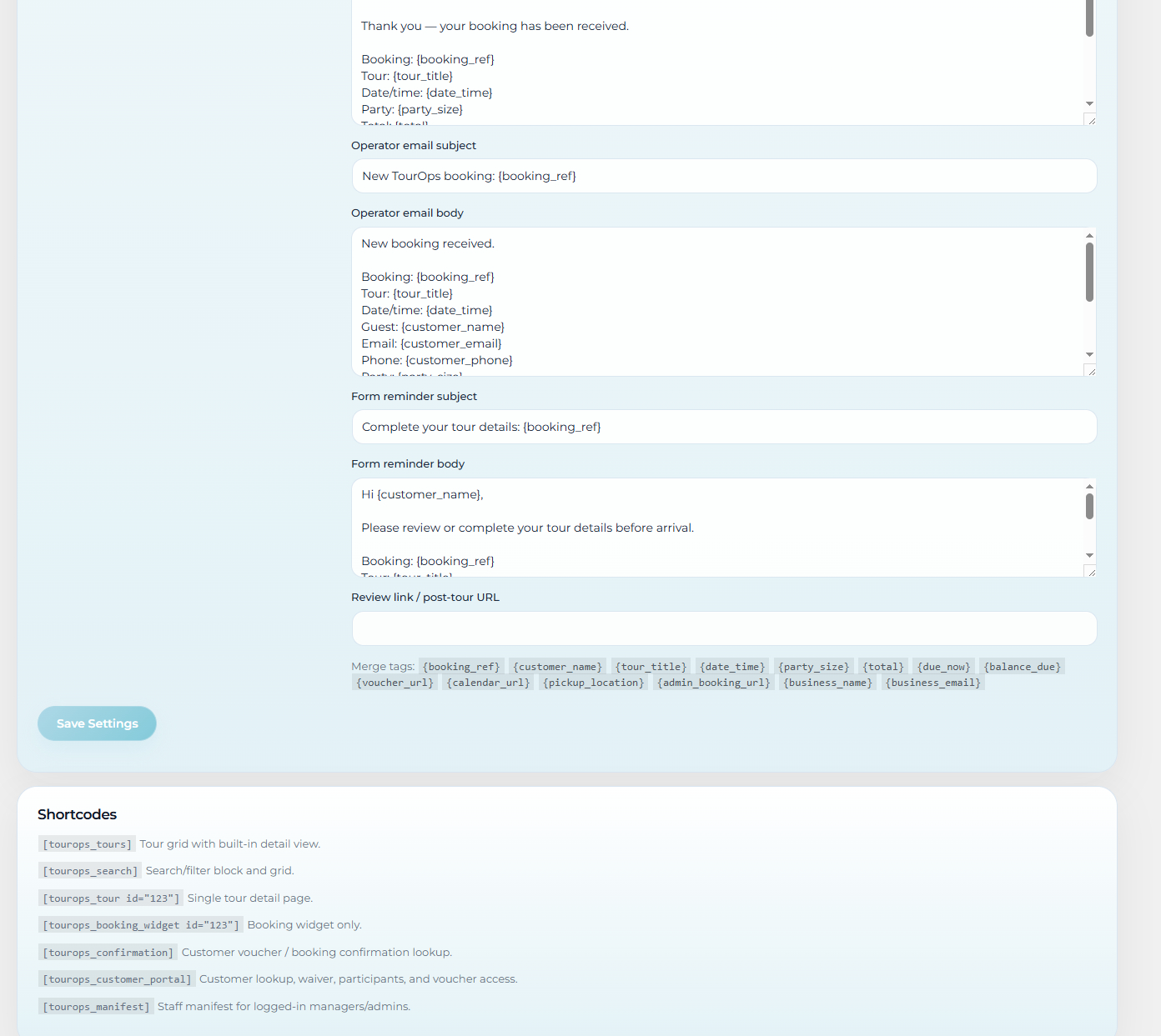 TourOps Global setup page third step showing launch helper tools