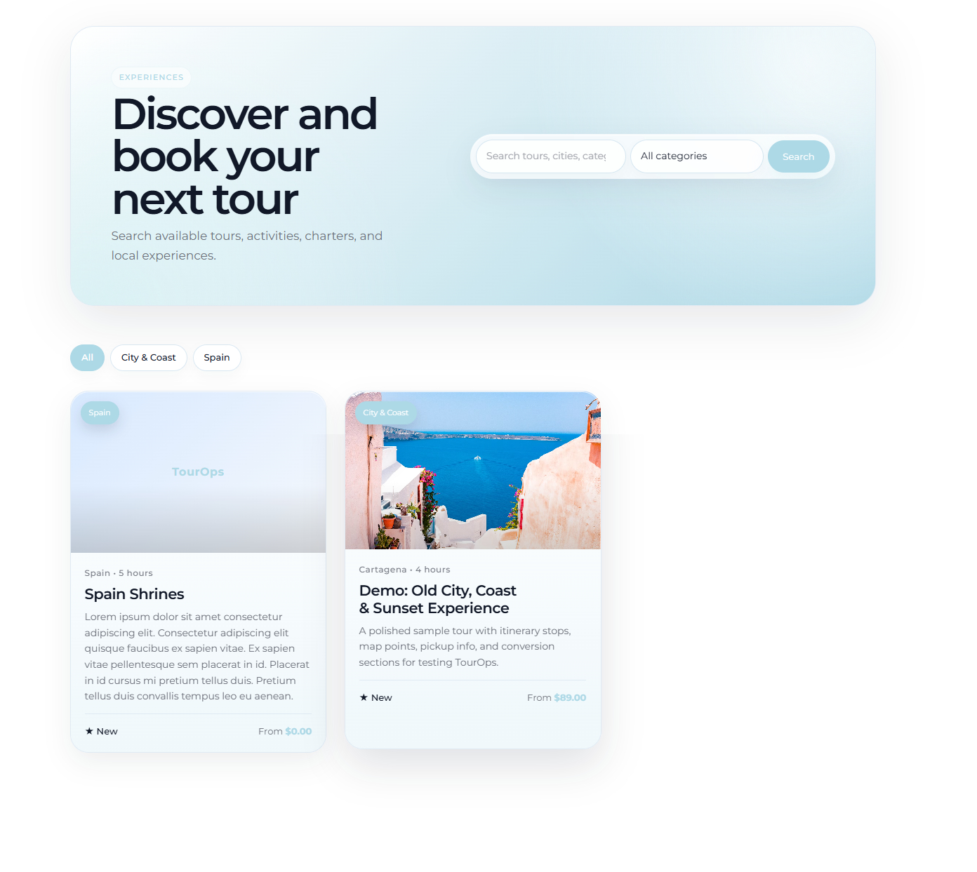 TourOps Global tours page for managing tour products inside WordPress